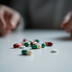 Close up of pills and capsules on a white surface with a person's hands blurred in the background creating a sense of anxiety and uncertainty.