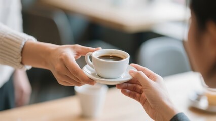A barista passes a cup of aromatic black coffee to a guest at a cozy cafe, enhancing their experience with a delicious beverage and warm hospitality at the service place .