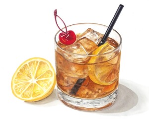 Watercolor painting of an old fashioned cocktail with lemon and cherry garnish