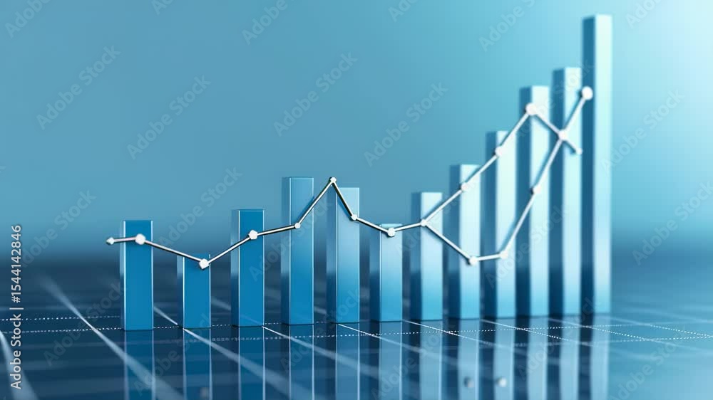 Poster 3d render of a rising bar graph with line chart on a blue background