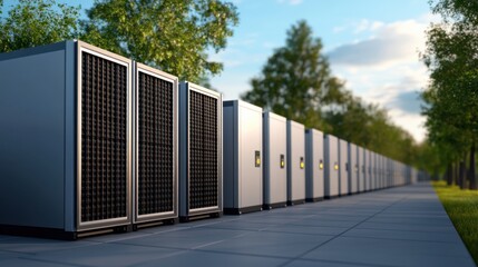 Naklejka premium Modern Industrial Cooling Systems Aligned in a Bright Outdoor Setting