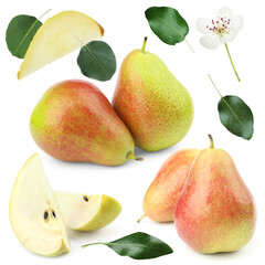 Obraz premium Fresh pears and green leaves on white background, collage