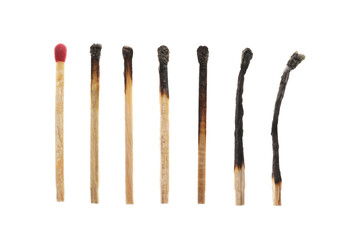 Burnt matches and whole one on white background