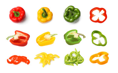 Fresh bell peppers isolated on white, collage. Whole and sliced