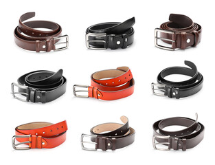 Different leather belts on white background, collage