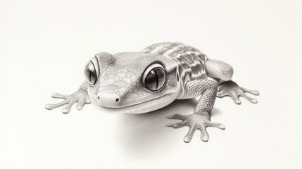 Naklejka premium A detailed grayscale drawing of a small gecko, rendered with realistic textures and shading, sits against a plain white background, its large eyes and small limbs prominent