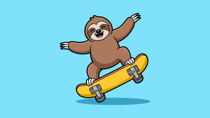 A Happy Sloth Riding a Skateboard Fun Cartoon Illustration © Anukul Debnath