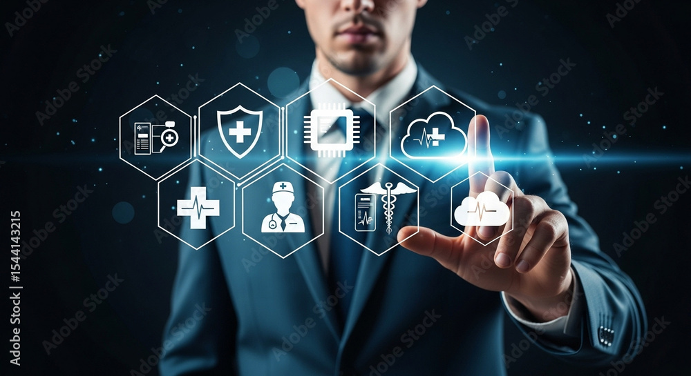 Poster Man in suit interacting with digital healthcare icons on a virtual interface display screen