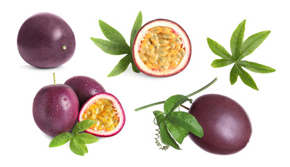 Passion fruits and green leaves isolated on white, set