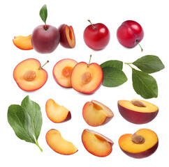 Yummy ripe plums and green leaves on white background, collage