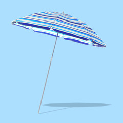 Blue striped beach umbrella casting shadow on light blue background