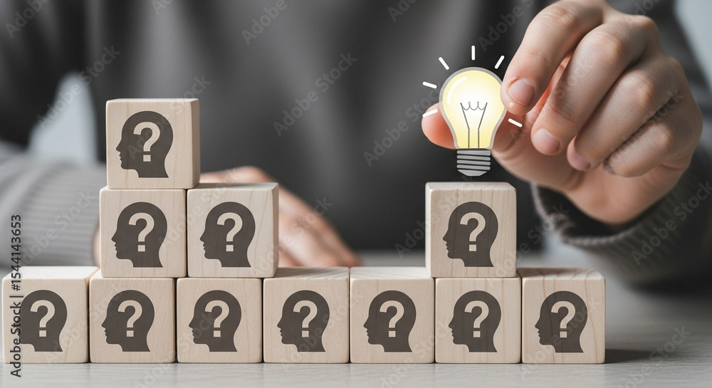 Poster Hand placing lightbulb on block tower with question mark faces representing ideas and solutions