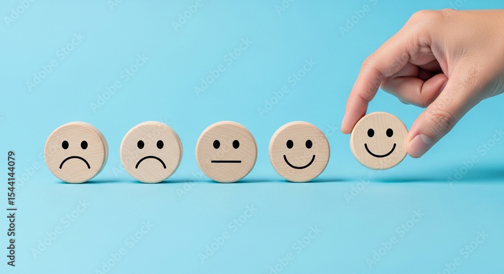 Poster hand selecting a happy face wooden disc from a row of various emotion faces on a blue background