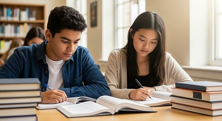 Focused High School Students Studying Together in Library Light
