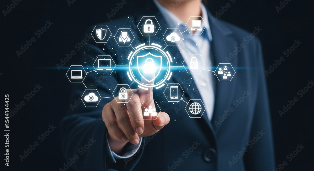 Poster A person in a suit interacting with a digital interface displaying security icons and network symbols