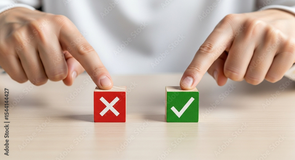 Poster person choosing between a red x block and a green check mark block on a light brown surface