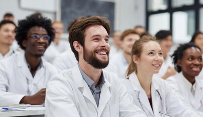 Fototapeta premium Smiling students in white coats attentively listen in a welllit classroom