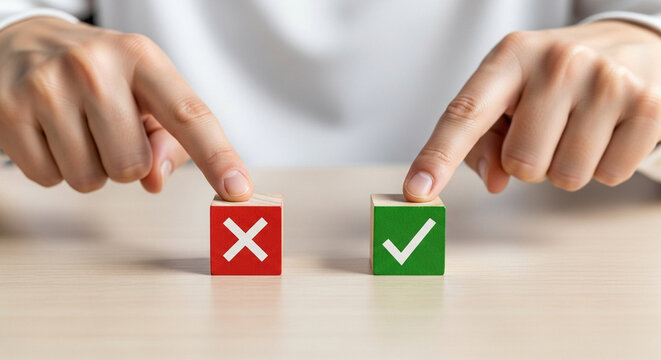 Person choosing between a red x block and a green check mark block on a light brown surface