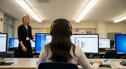 Teen Girl Coding in Computer Lab as Teacher Supervises
