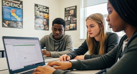 Students Collaborate on Laptop Project in Bright Science Room