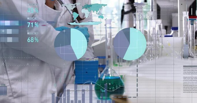 Scientist reaching for pipette, aspirating and dispensing into tubes while charts updating lab data