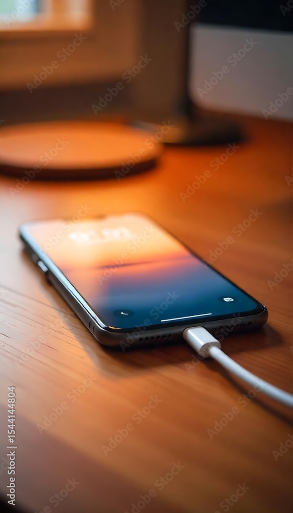 Aufkleber generative ai image showing a charging smartphone resting on a wooden desk at home