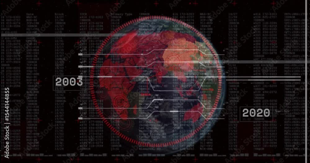 Poster rotating 3d globe activating pulsing ring while labels updating and grids forming to show timeline