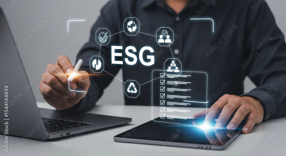 Poster Person using a stylus on a tablet with esg icons and laptop on a white table in a bright setting