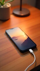 Generative AI crafted an intimate moment: Phone charging on a wooden surface at night