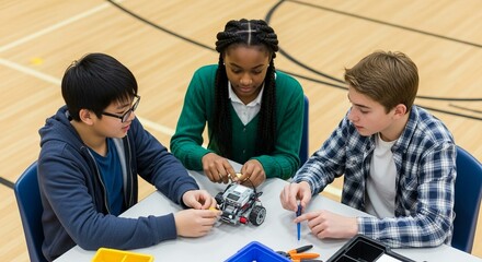 Diverse Teen Group Builds Robot in School Gym Project