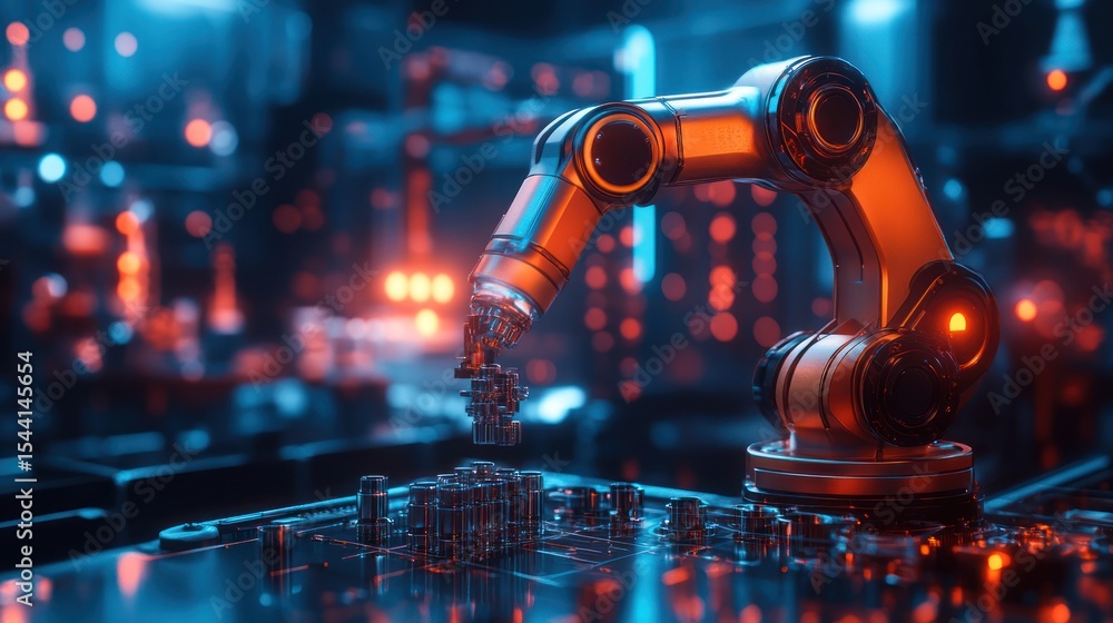 Poster robotic arm working on circuit board in futuristic workshop