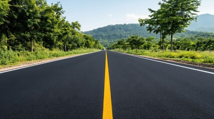 Fototapeta premium Empty asphalt road stretching towards distant mountains under clear sky