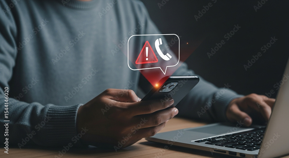 Poster person holding phone with call alert icon while using laptop in a dimly lit environment indoors