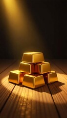 Generative AI image of a luminous gold brick pyramid on a wood surface