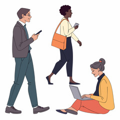 Diverse professionals working and commuting