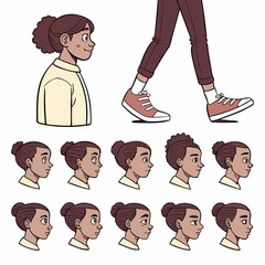 Diverse cartoon girl character sheet walking pose profile views