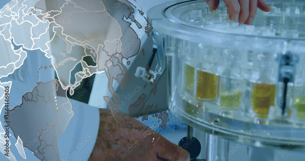 Poster lab scientist initiating lid rotation globe sweeping unlocking rack extracting vial for inspection