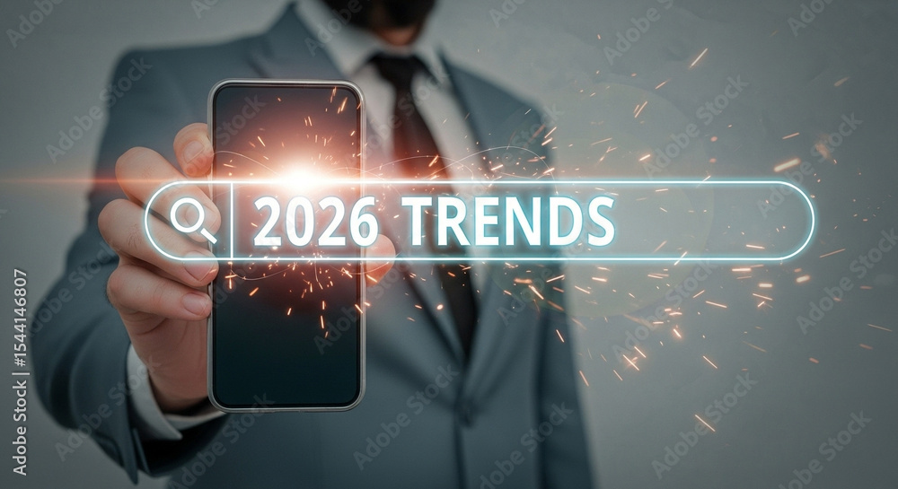 Poster A man holding a smartphone displaying a search bar with the text 2026 trends with sparkles around it