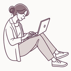 Woman working on laptop floor casual attire