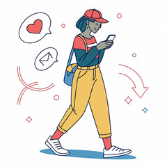 Walking woman using smartphone social media love