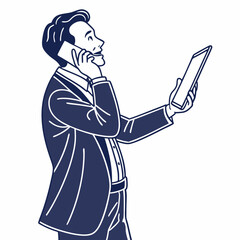 Businessman talking on phone holding tablet smiling