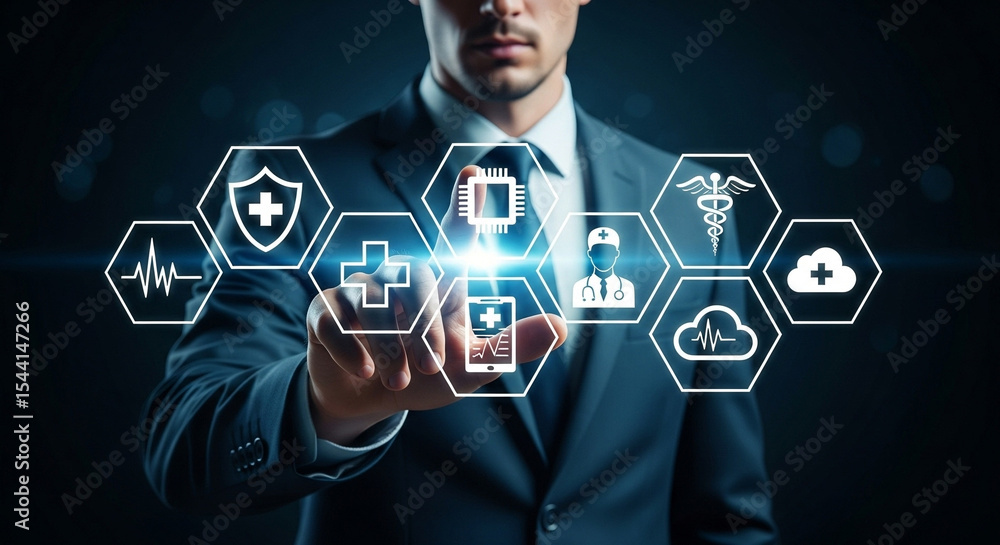 Poster man in suit touching digital health icons representing modern medical technology interface design