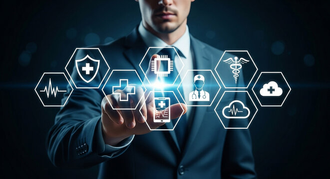 Man in suit touching digital health icons representing modern medical technology interface design