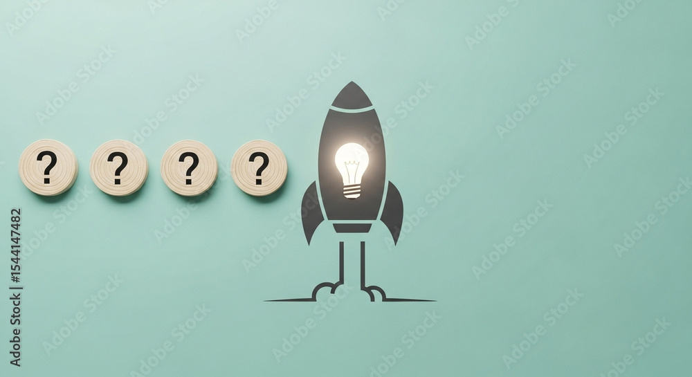 Poster concept of ideas and questions represented by rocket with lightbulb and question marks on blue