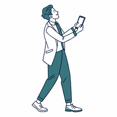 Professional businessman walking using tablet clean cutout