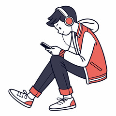Teen boy listening music smartphone headphones