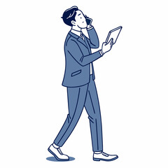 Professional businessman walking talking phone tablet clean cutout