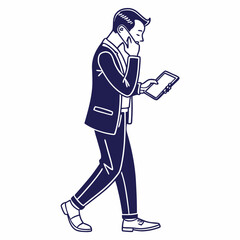 Professional businessman walking using tablet phone