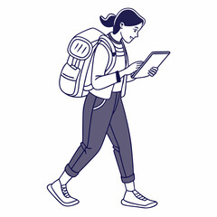 Young woman backpacker using tablet while walking