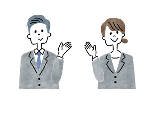 案内するポーズのスーツを着た男女のビジネスパーソンのイラスト